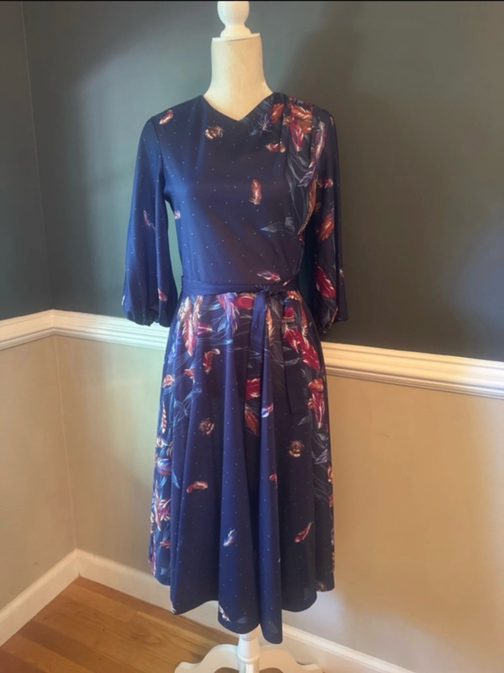 Authentic Vintage Navy Midi Dress with Feather Print